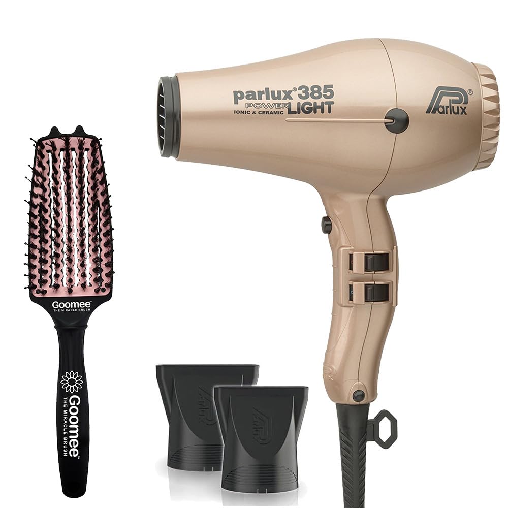Parlux 385 Powerlight Ionic and Ceramic Light Gold Hair Dryer with Miracle Detangling Brush Medium Size Nylon & Boar Bristles for All Hair Types – Blush Pink