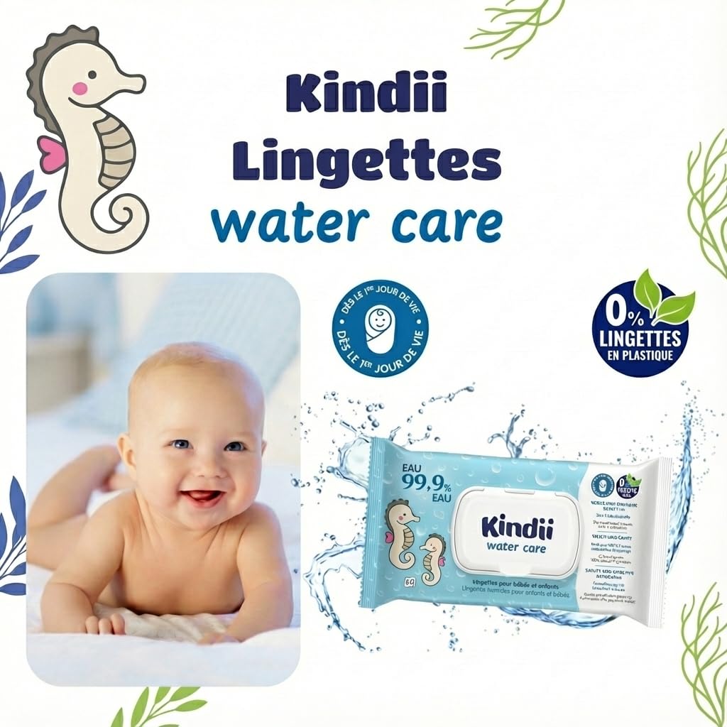 Kindii Water Care – Lingettes Humides Bébé, 60 unités, 100% Viscose, 99,9% Eau, Extrait de Pamplemousse, 150 × 200 mm, Pour Nouveau-Nés, non parfumées – Peaux Sensibles