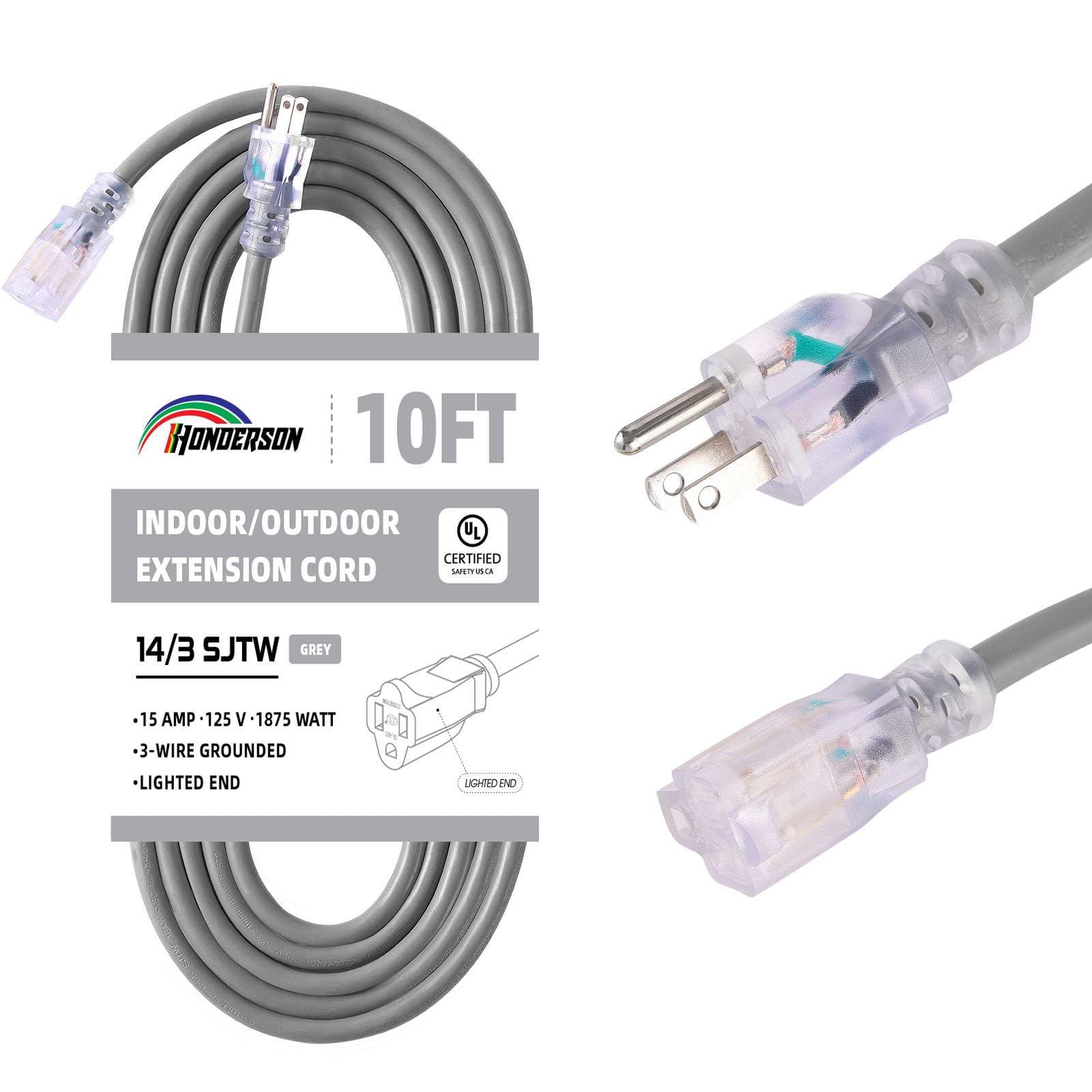 HONDERSON Indoor Outdoor Extension Cord Weatherproof with Lighted End, UL Listed, 14 Gauge 10FT Grey 3 Prong Heavy Duty, 14/3 SJTW 15A Power Cord for