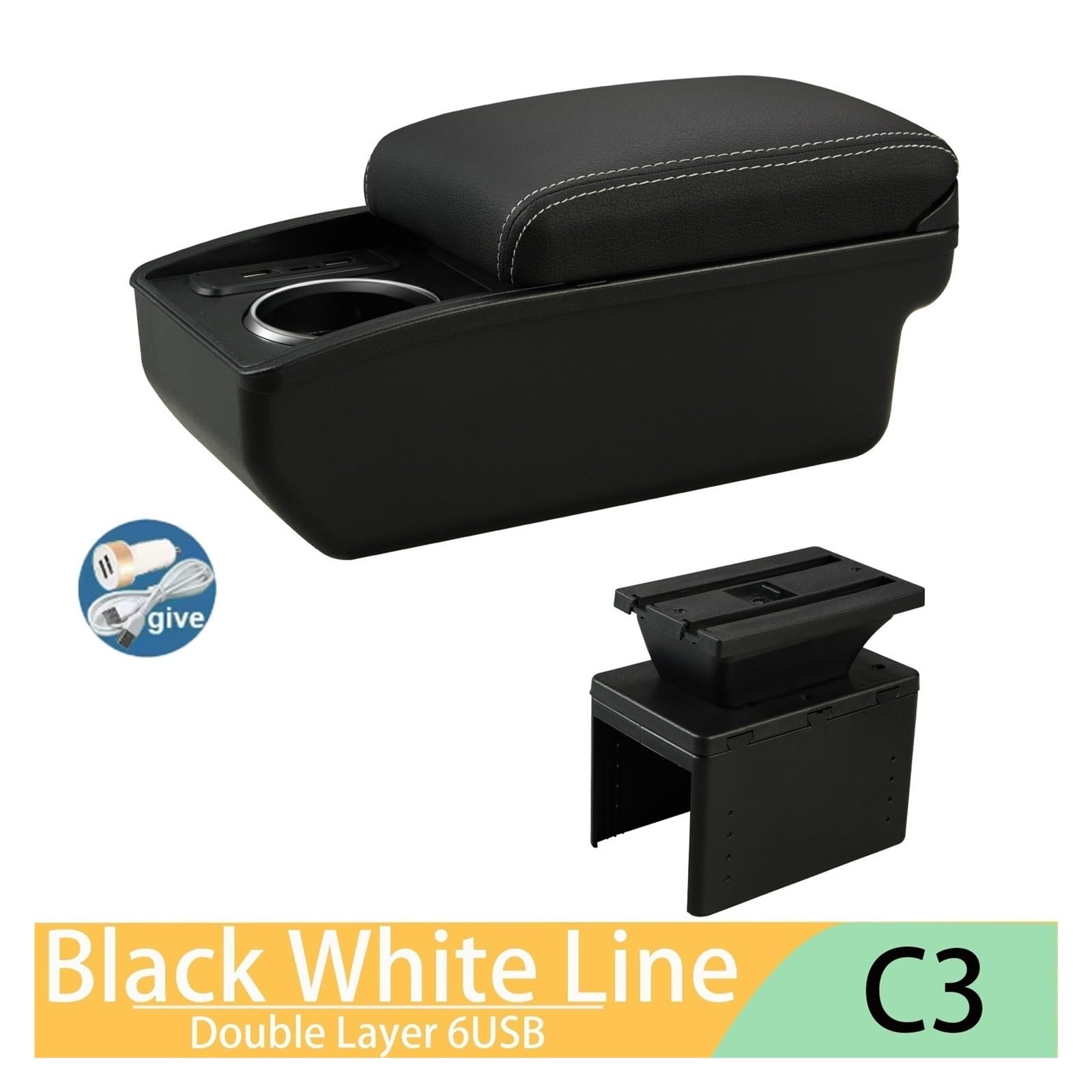 Caja almacenamiento para consola central coche Reposabrazos Universal Para Coche, Caja De Modelo, Almacenamiento Central, Portavasos Dedicado, Piezas Reacondicionamiento(C3 White Line 6USB)