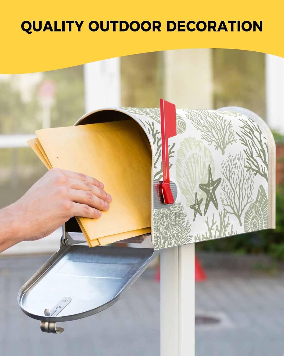 Sage Green Coastal Mailbox Covers Magnetic Mailbox Wraps, Sage Green Coral Starfish Ocean Nautical Post Letter Box Cover for Garden Yard Outdoor Decor Standard Size 18x21 Inch