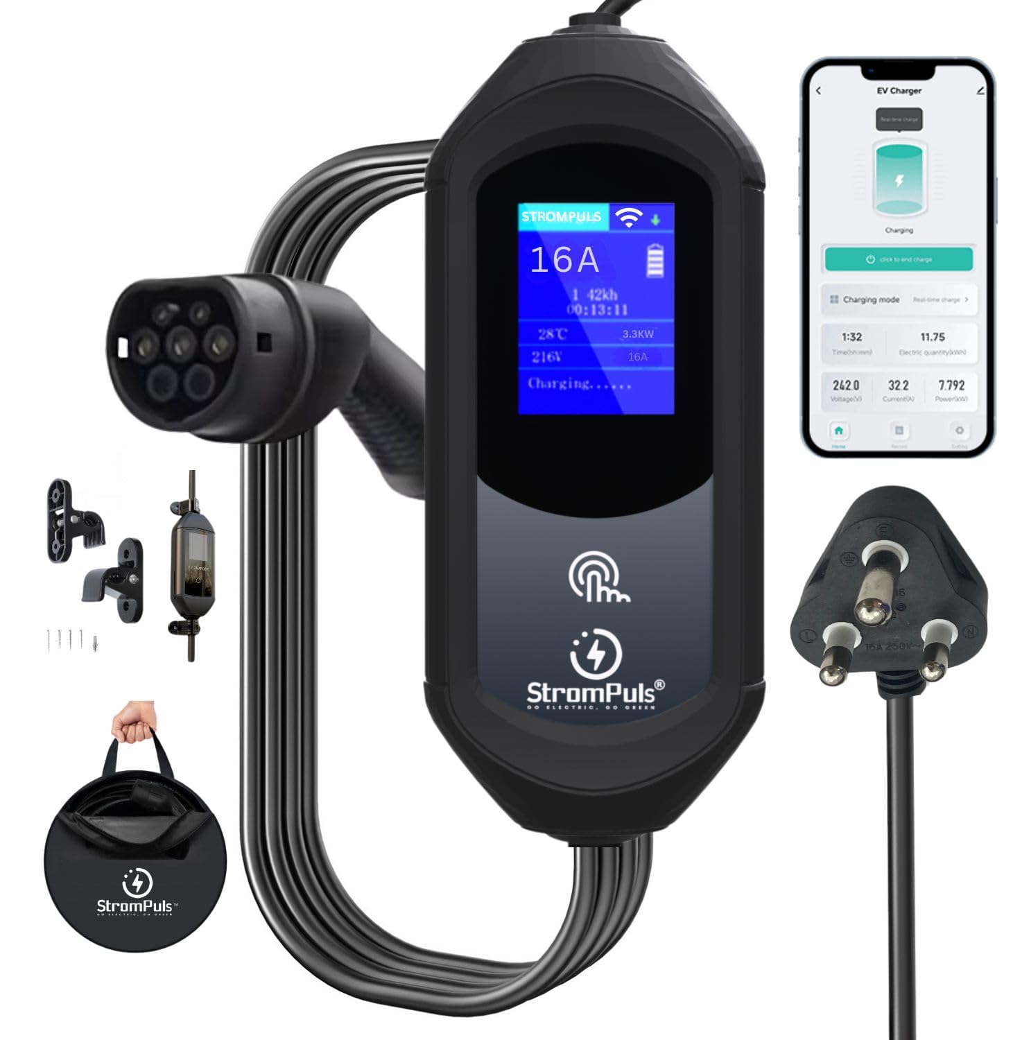 Strompuls 3.6kW Portable EV Charger, Smart APP, Adjustable Amps, 5m TPU Cable, 16A 1 Phase, 3" Large Screen, Bag, Wallholder, Surge & Pen Protection, Earthing Off Option. 5 Years Warranty*-image-22