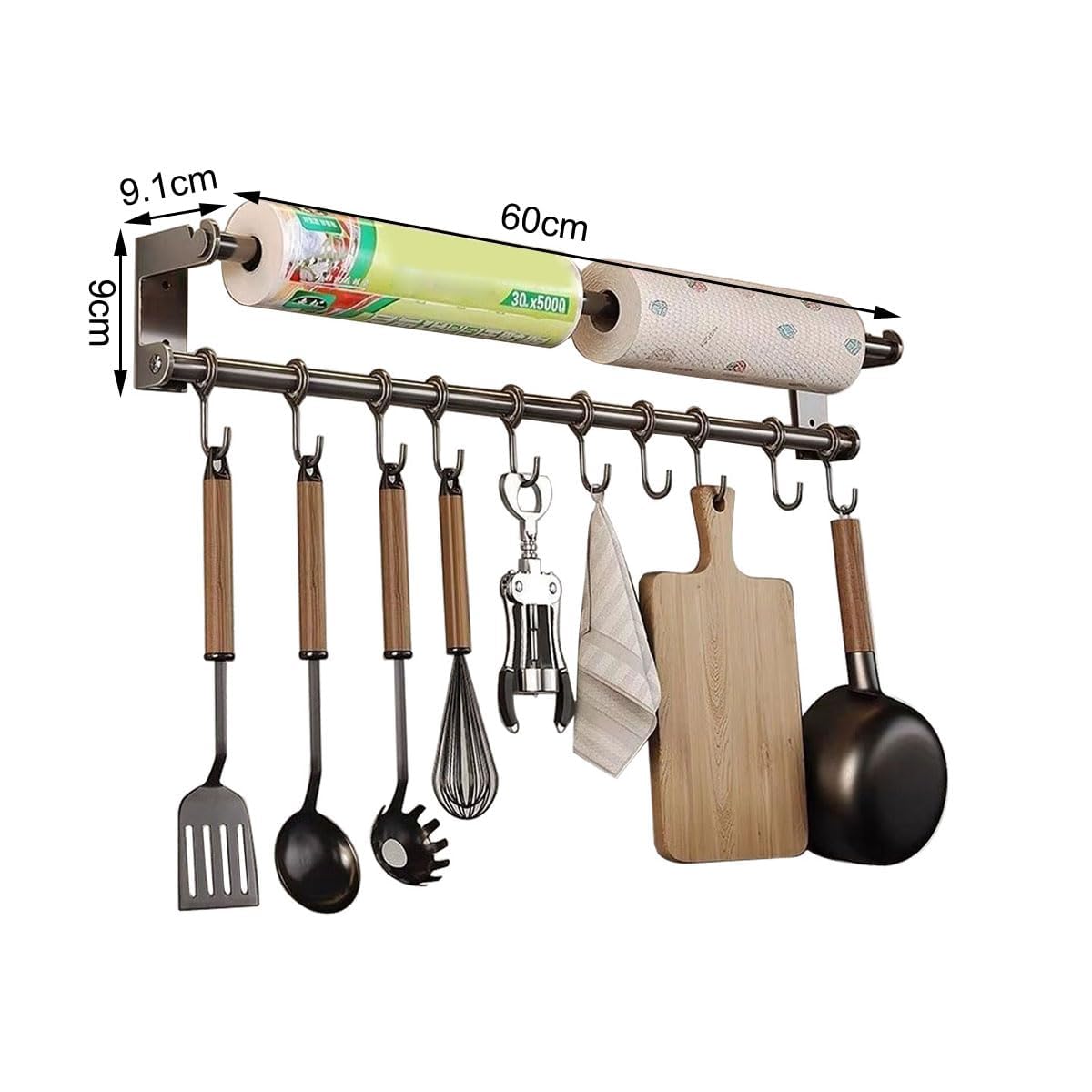 HMAKGG Acier Inoxydable Porte Ustensiles Cuisine avec 10 Crochets, Support Rangement Ustensiles Cuisine Sans Perçage Porte-Rouleau de Cuisine Mural 60cm pour Cuisine Bains