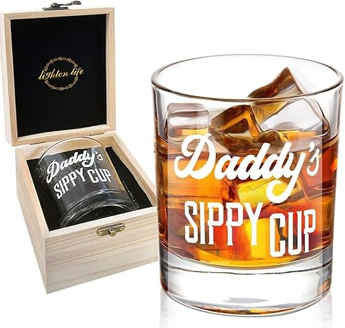 LIGHTEN LIFE Vaso de whisky para papá de 12 onzas, regalo único para papá en caja de madera valiosa, divertido regalo de broma para el nuevo papá,