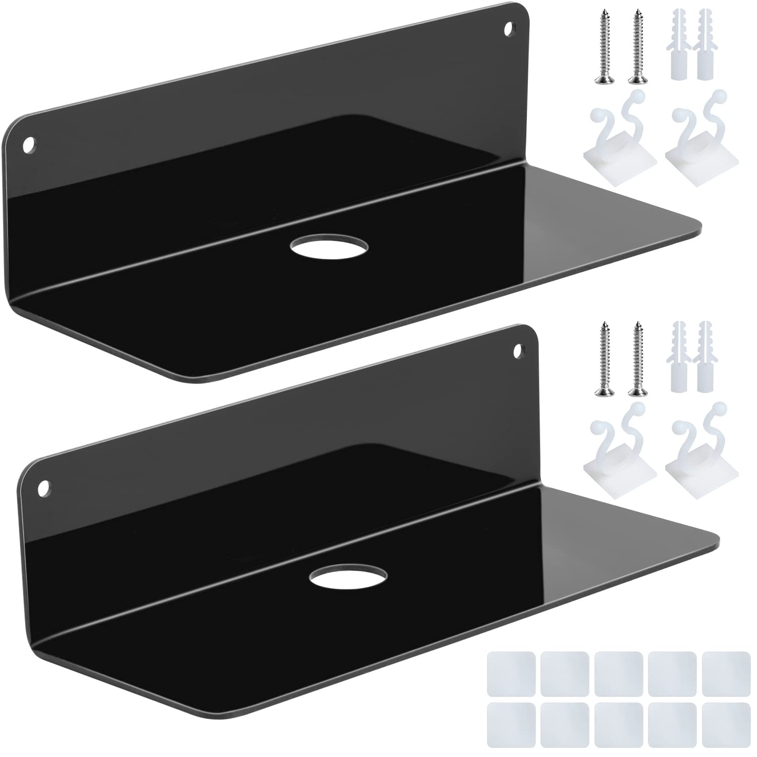 WeeGoo 2 Set Black Acrylic Floating Wall Shelves, 9 Inch No Drill Stick on Shelf for Wall, Self Adhesive Acrylic Wall Mounted Shelves with Cable Clips and Stickers for Bedroom Kitchen Office
