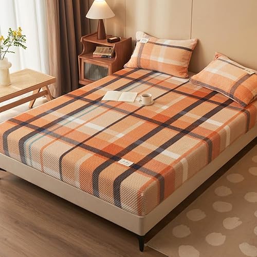 Miniatura 4 de Mengersi Juego de sábanas de felpa de terciopelo, juego de sábanas simples con estampado de vellón a cuadros, acogedoras y cálidas (Queen, naranja)