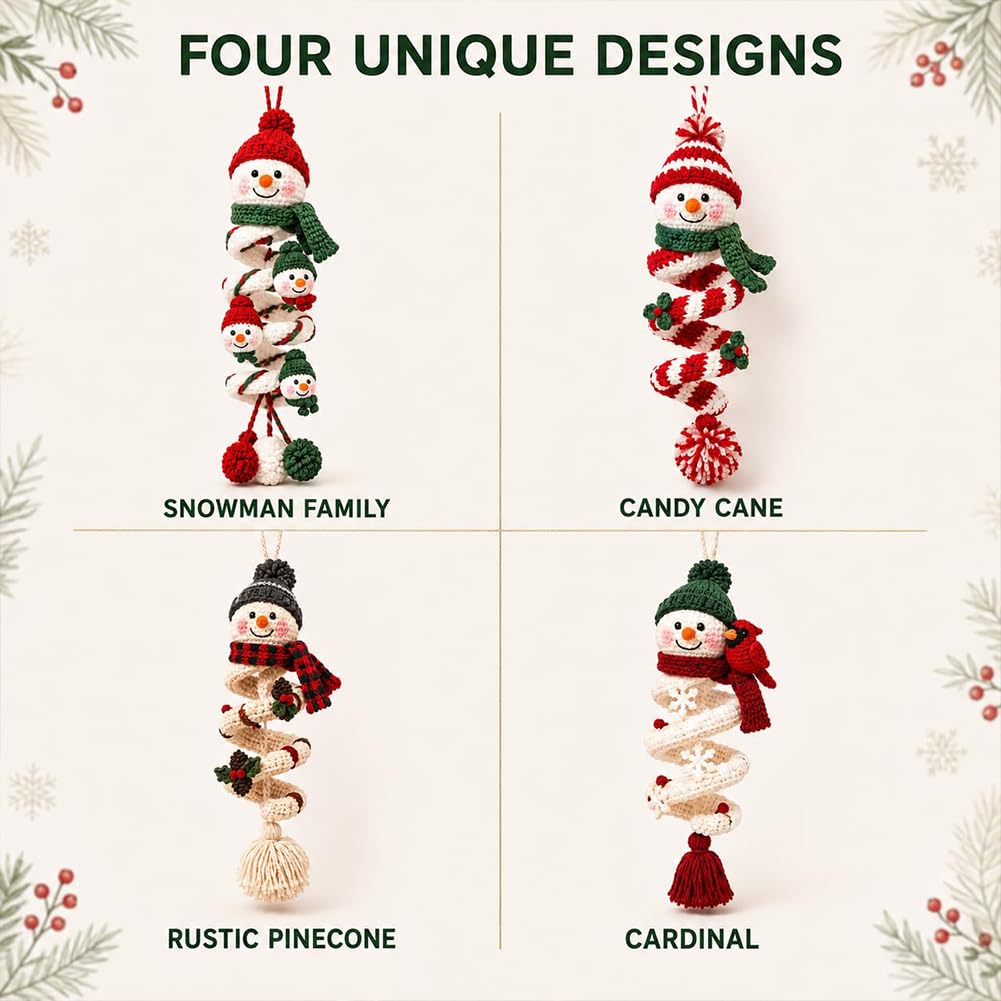 LLELEMAMO Häkelset Weihnachten, DIY-Set für einen Gehäkelten Schneemann als Spiralschmuck, Kreatives Häkelset mit Garn und Zubehör, Weihnachtsdeko und Baumschmuck für Erwachsene (4PCS-B)