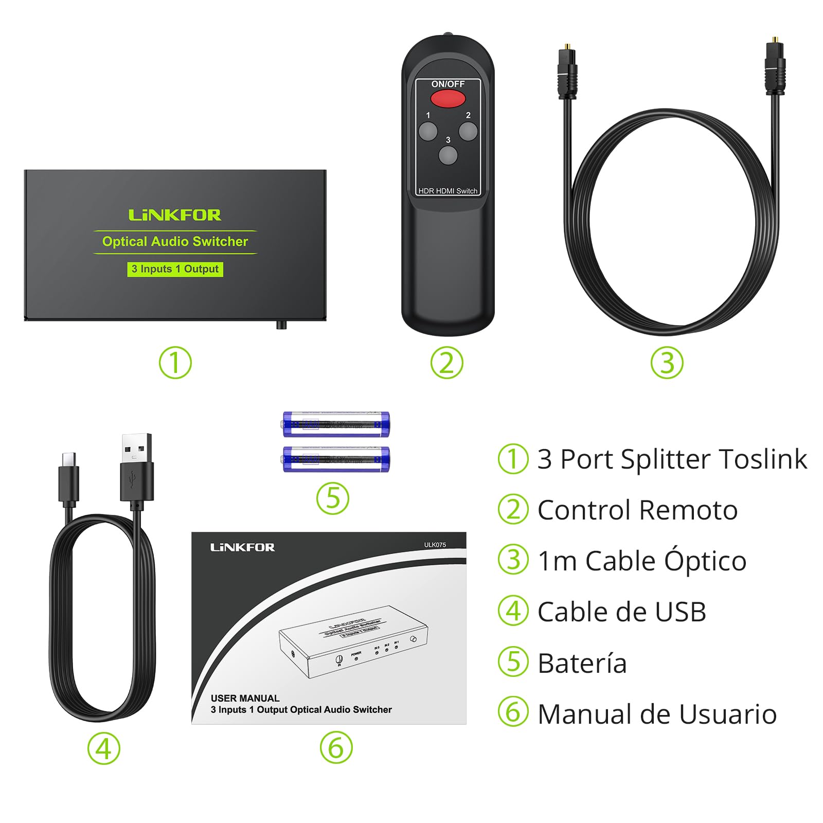 Conmutador Audio Digital 3 Entradas 1 Salida Switch Óptico Toslink Comutador SPDIF con Mando Soporte LPCM2.0 DTS Dolby-AC3 para PS3 VHS Blue-Ray DVD HDTV Barra de Sonido Amplificadores