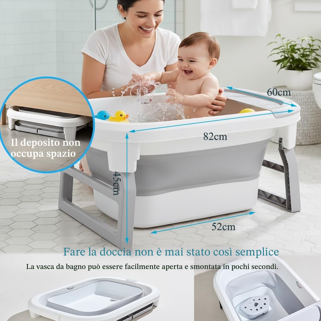 Vasca da bagno per bambini (0-9 anni) – Vasca da bagno pieghevole per la doccia, per neonati, vasca pieghevole per tutta la famiglia (grigio)