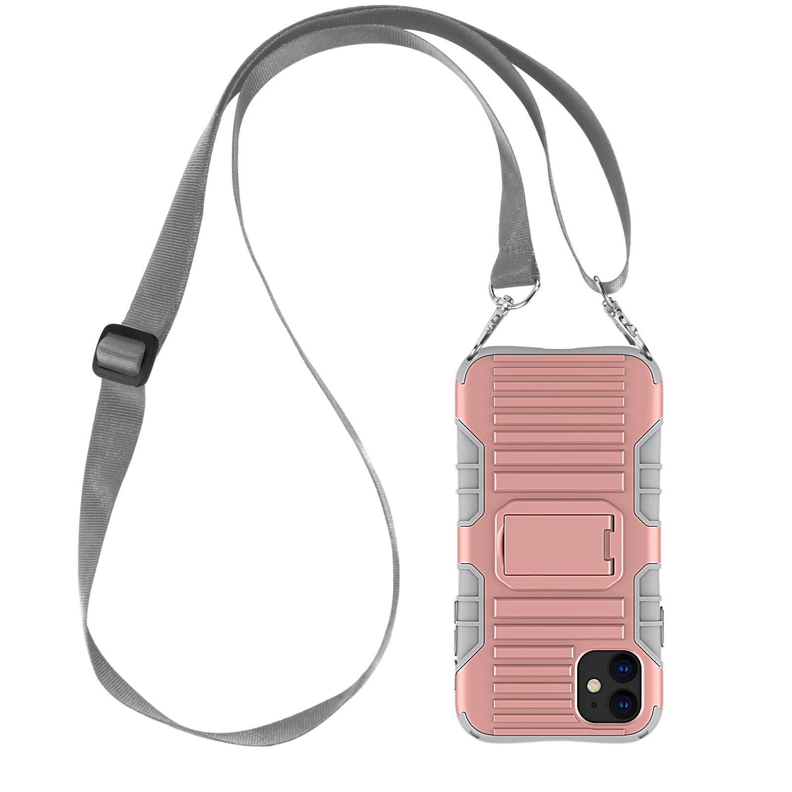 E-Tree Crossbody Lanyard Case for iPhone 11 6.1 Inch with Kickstand, Shockproof Dual Layered (Hard PC with Soft TPU), Anti-Lost Detachable Necklace Strap for Kids and Outdoors, etc Pink
