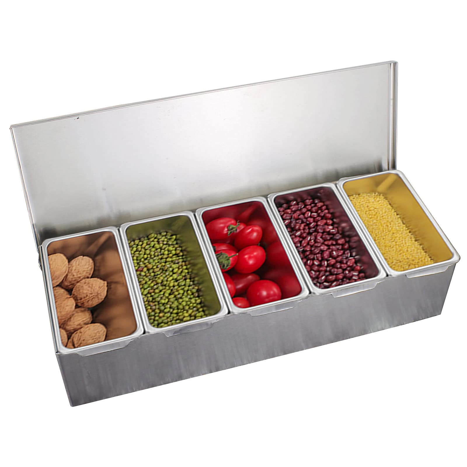 Contenitore per ingredienti in acciaio inox, con 4/5 scomparti, con coperchio e griglia interna rimovibile per frutta, spezie, esche e müsli (5)