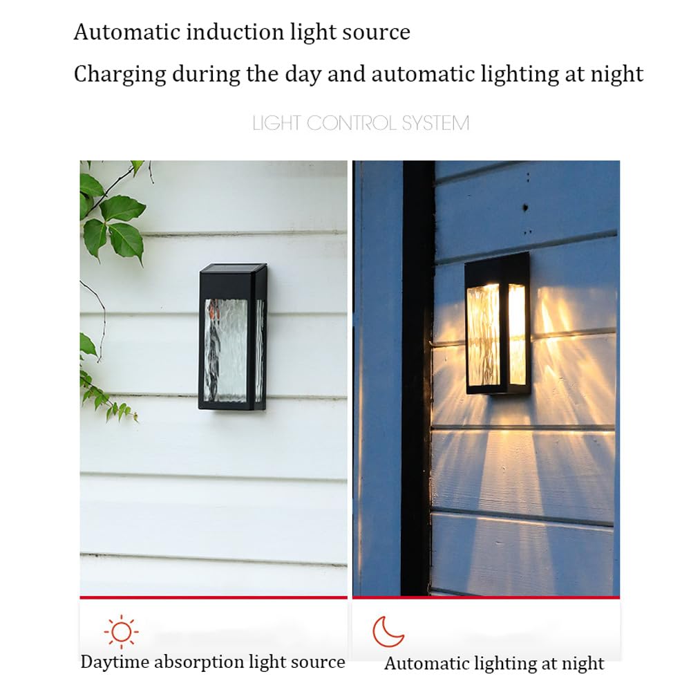 LED Solar Dusk Till Dawn Security Lights Zewnętrzny ganek Patio Latarnia ścienna Kinkiet ze szkłem wodnym 3200K Ciepłe bezprzewodowe światło słoneczne Nowoczesna czarna lampa domowa do ogrodzenia