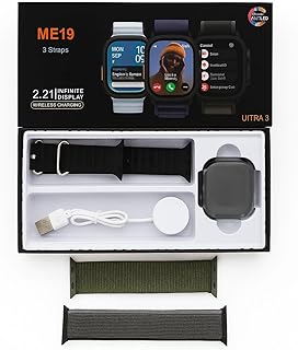 ساعة ذكية ME19 Ultra 3 بشاشة 2.21 إنش AMOLED - شحن لاسلكي - مع 3 سوارات (أسود + أخضر + إضافي)