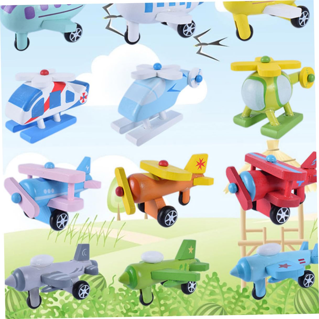 Mini Aeroplano in Legno 12 Pezzi, Giocattolo per Ragazzo Ragazza | Versione Colorata, senza Sbavature, Favorisce la Presa, Adatto a Bebè e Primi Giochi Educativi