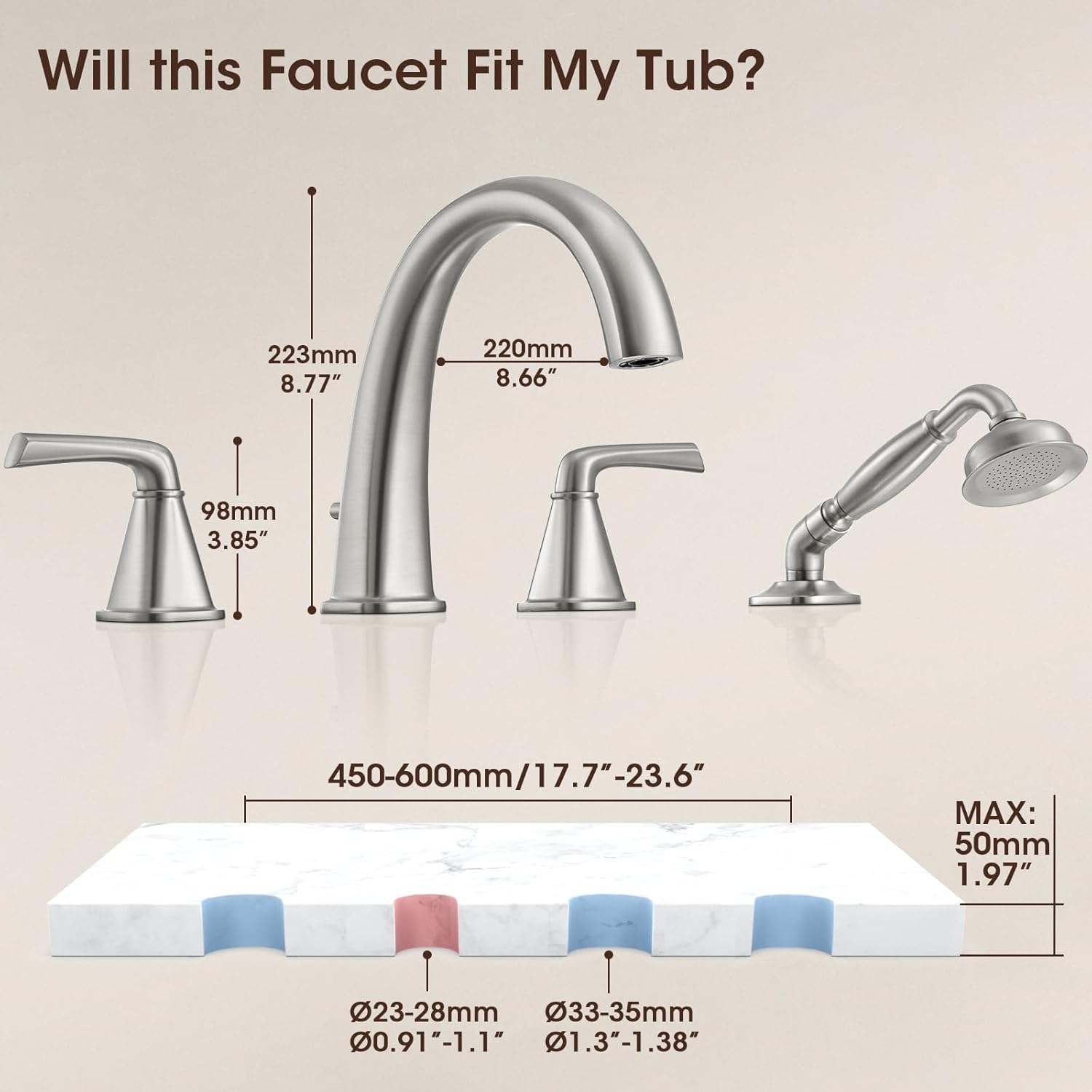 New Roman Tub Faucet with Sprayer, Bathtub Faucet Set Deck Mount, Brass 4 Hole Bath Tub Faucet Set High Flow, with 2 Handle with Valve Diverter with Hoses, 18-24in Widespread Classic Brushed Nickel