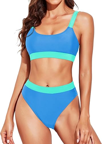 Tempt Me Traje de baño deportivo de dos piezas de cintura alta con parte inferior para adolescentes, cuello redondo