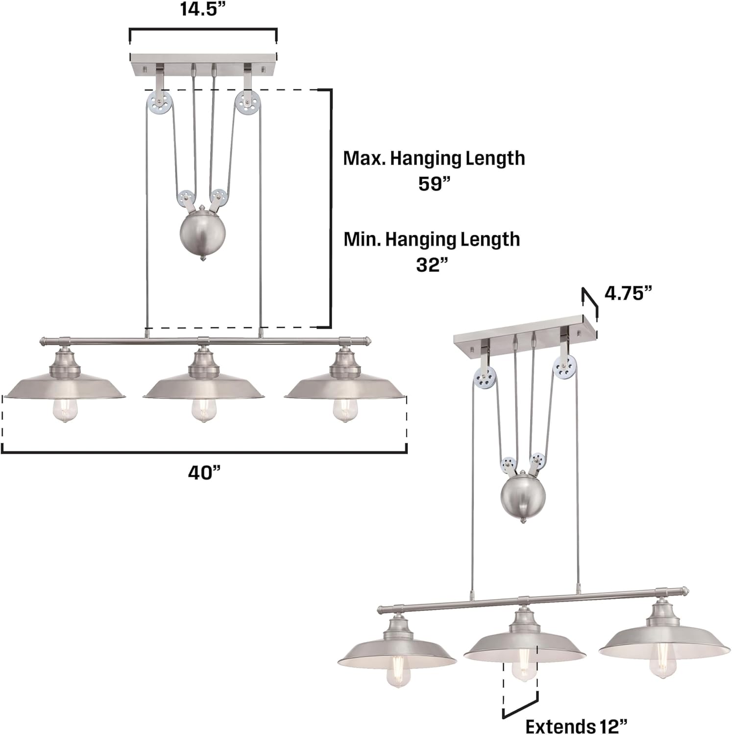 Westinghouse 6369900 Iron Hill Three-Light Indoor Island Pulley Pendant Light, Brushed Nickel Finish