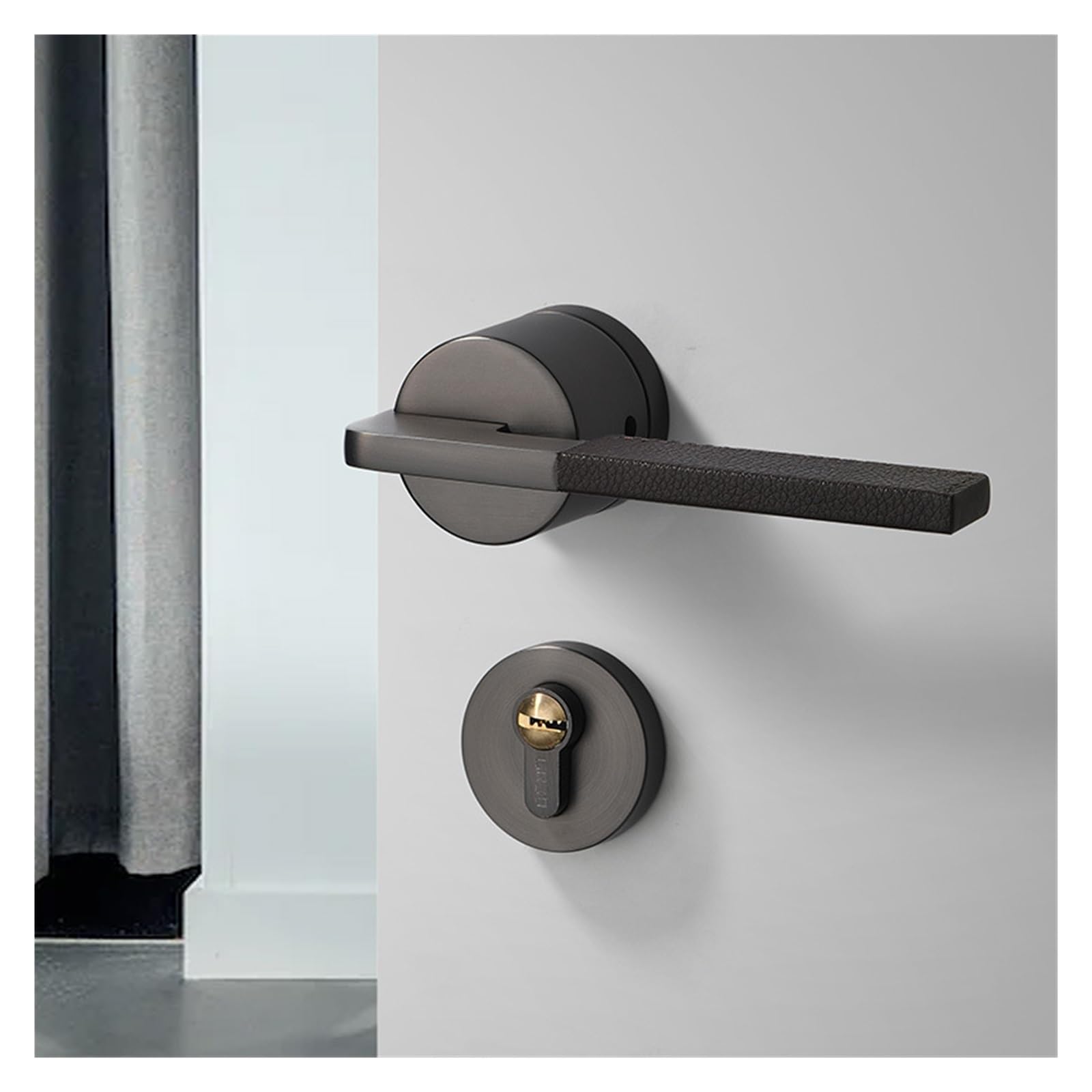 Serrure de porte de chambre en cuir véritable gris poignée magnétique design nordique luxe
