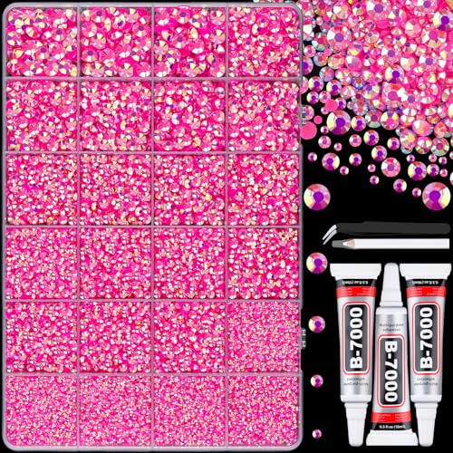 Image of 25000Pcs Resin Jelly Rhinestones with Tweezers for Crafting, Hot Pink AB Flatback Gems, Bedazzling Crystal with 3Pcs 10ml B7000 Jewelry Glue for DIY Crafts Clothing Tumblers Shoes Fabric Nail Art