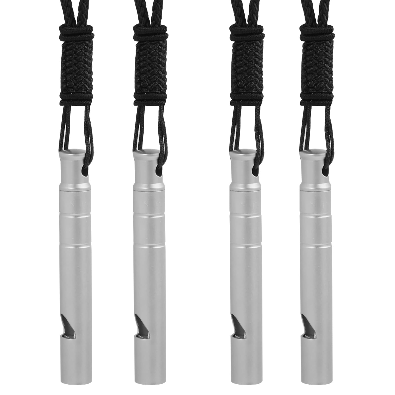 4 silbatos de emergencia de titanio, silbatos de seguridad de supervivencia de 120 dB con cordón negro, silbato fuerte pequeño para salvar vidas al aire libre para entrenadores, deportes, canotaje