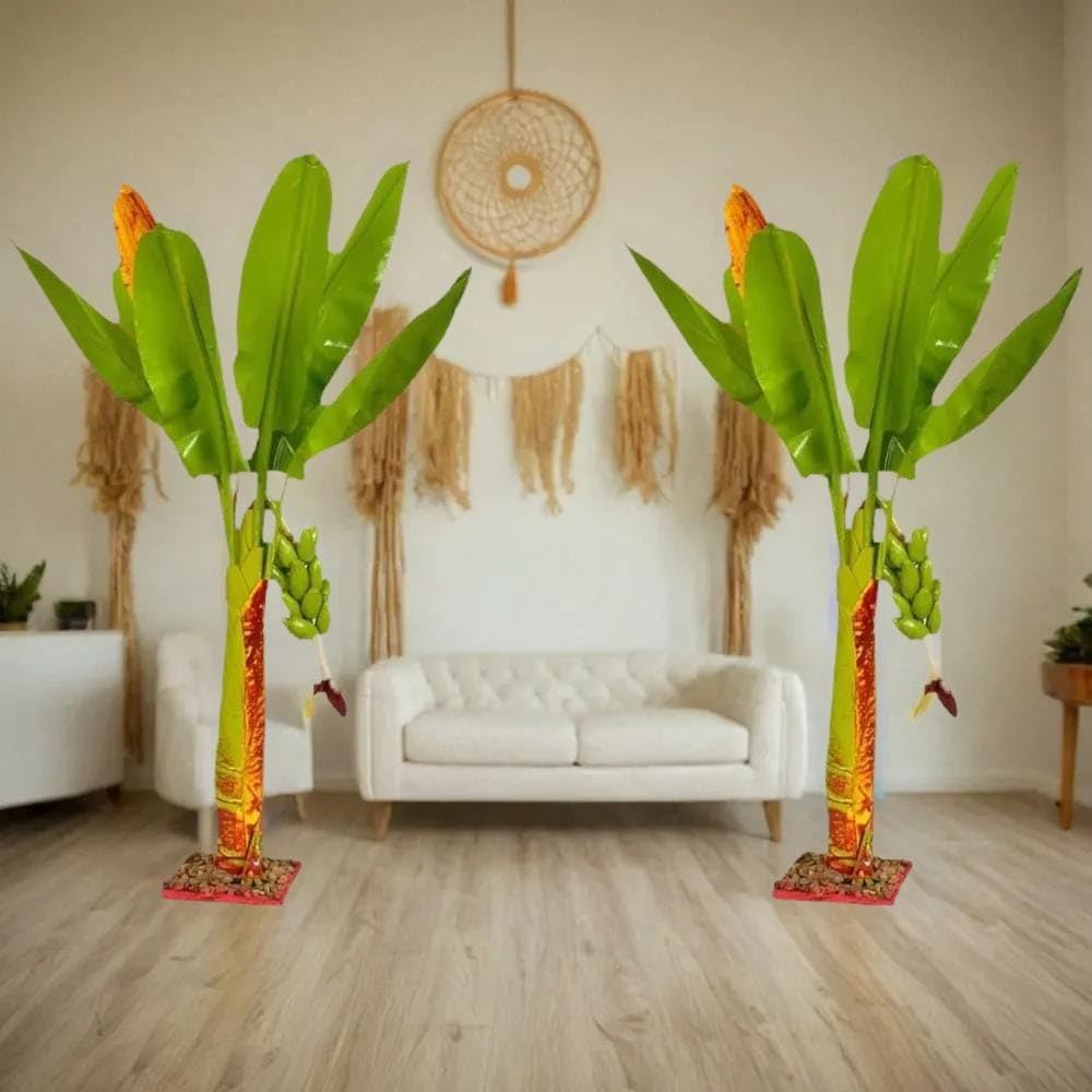 Artificial Banana Tree for Home Decor, 2 Pieces, Green Leaves with Red and Orange Flowers-image-36