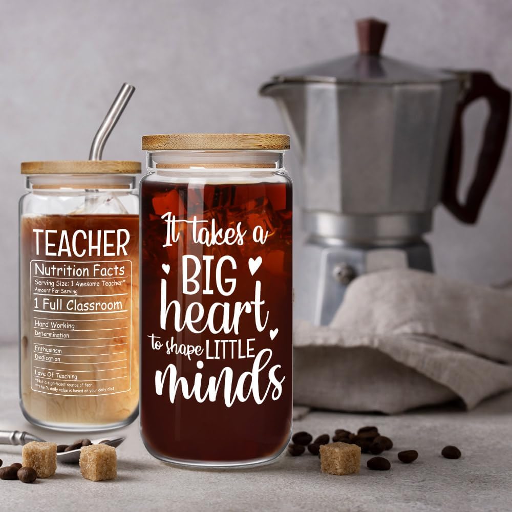 Teacher Appreciation Gift 16oz Glass Cup Christmas Gifts for Teacher Women, Graduation Thank You Teachers Gifts - It Takes A Big Heart to Shape Little Minds, Teachers Back to School Cup Gift for Women - Image 2