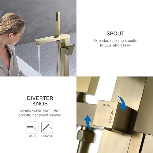 Miniatura 19 de TapLong Grifo de bañera independiente para bañera, relleno de cascada, montaje en suelo, grifos de baño de latón con una sola manija con ducha