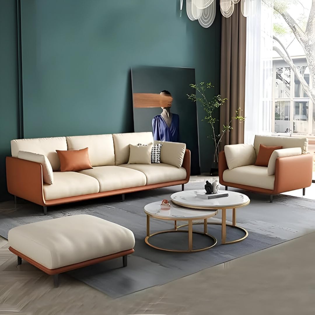 Modern Design Sofa Set 3+1+2 Seater for Living Spaces (Leather Tan & Velvet Beige, 3+1 Seater + Footrest)-image-3