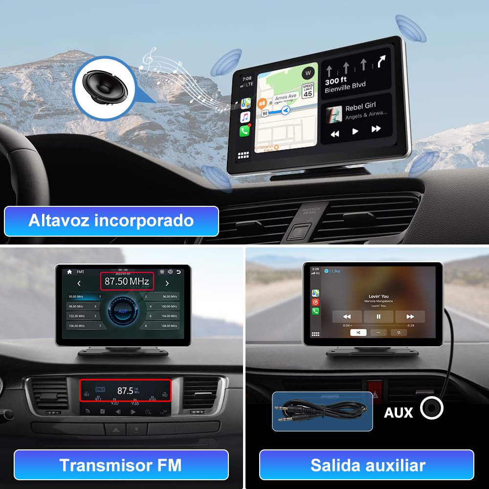 AWESAFE Pantalla 9” de CarPlay/Android Auto/Mirror Link Inalámbrico, Radio Portátil para Coche, Admite Bluetooth/Siri/USB/TF/AUX