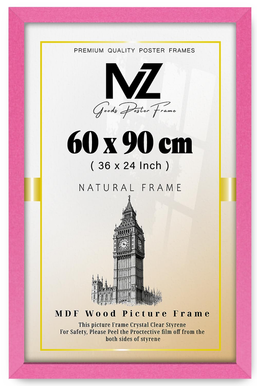 MZ GOODS | MDF Picture Frame (60 x 90 CM) 600 x 900 mm Perfect for Wall Gallery, Art & Certificates, Ideal for Home & Office, MDF Finish with Hanging Hooks [ Pink ]