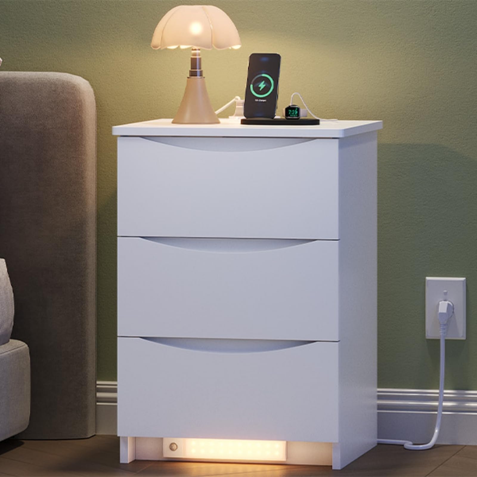 Brinlawb Table de Chevet Lot de 2 avec LED,Prise USB,3 Tiroirs,37x42x60 cm,Blanc