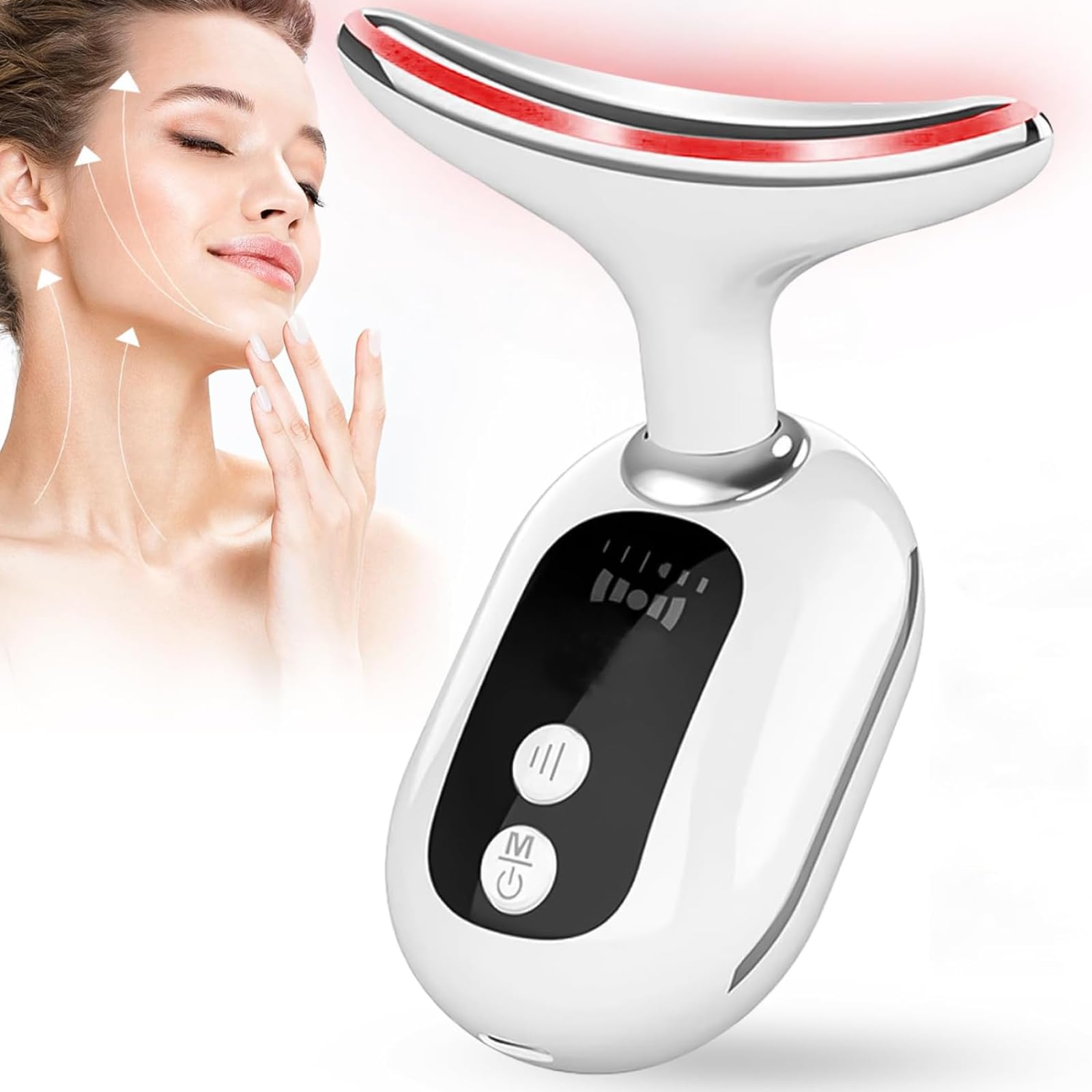 ERICAT Masajeador Facial Y De Cuello, Dispositivo De Belleza para Cuello 4 En 1 con Pantalla LED, 4 Modos De Masaje Y Luces De 3 Colores, 3 Modos De Ajuste De Engranajes, para El Hogar, Viajes