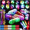 78PCs LED Light Up Toy Party Favors/Supplies Bulk Glow In The Dark For Adult Kids Birthday Halloween With 50 Finger Light, 12 Jelly Ring, 6 Flashing Glasses, 5 Bracelet, 5 Fiber Optic Hair Light