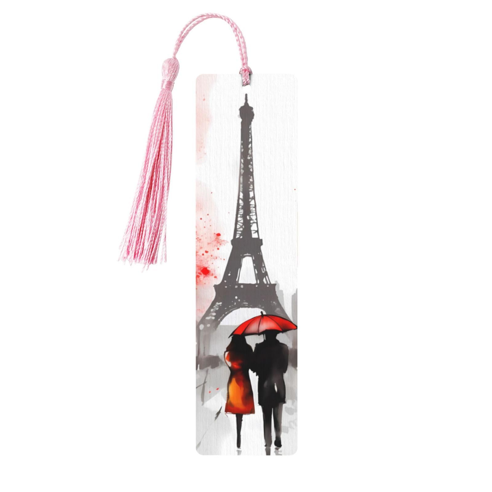 Red Trees Floral Double-Sided Print Red Trees Floral Bookmarks Wooden Book Marks with Pink Tassel, Eiffel Tower Rain Lightweight Page Markers Book Lovers Gifts — image 1