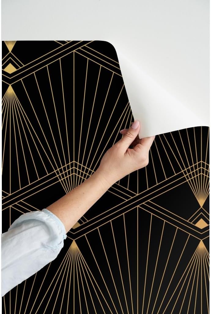 Spoonflower Peel & Stick Wallpaper Swatch - Art Deco Black Gold Geometric Lines Vintage Roaring 20s Custom Removable Wallpaper