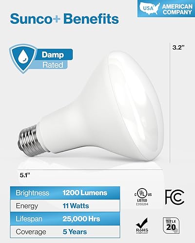 Miniatura 7 de Sunco - Paquete de 12 bombillas LED BR30, alto rendimiento de 1200 LM, luces de inundación para interiores, equivalente a 11 W, 65 W, 3000 K
