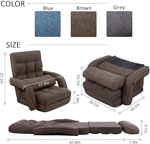Miniatura 28 de FLOGUOR Silla de suelo, tumbona para interiores, sofá perezoso plegable ajustable de 14 posiciones con reposabrazos y una almohada, sillas