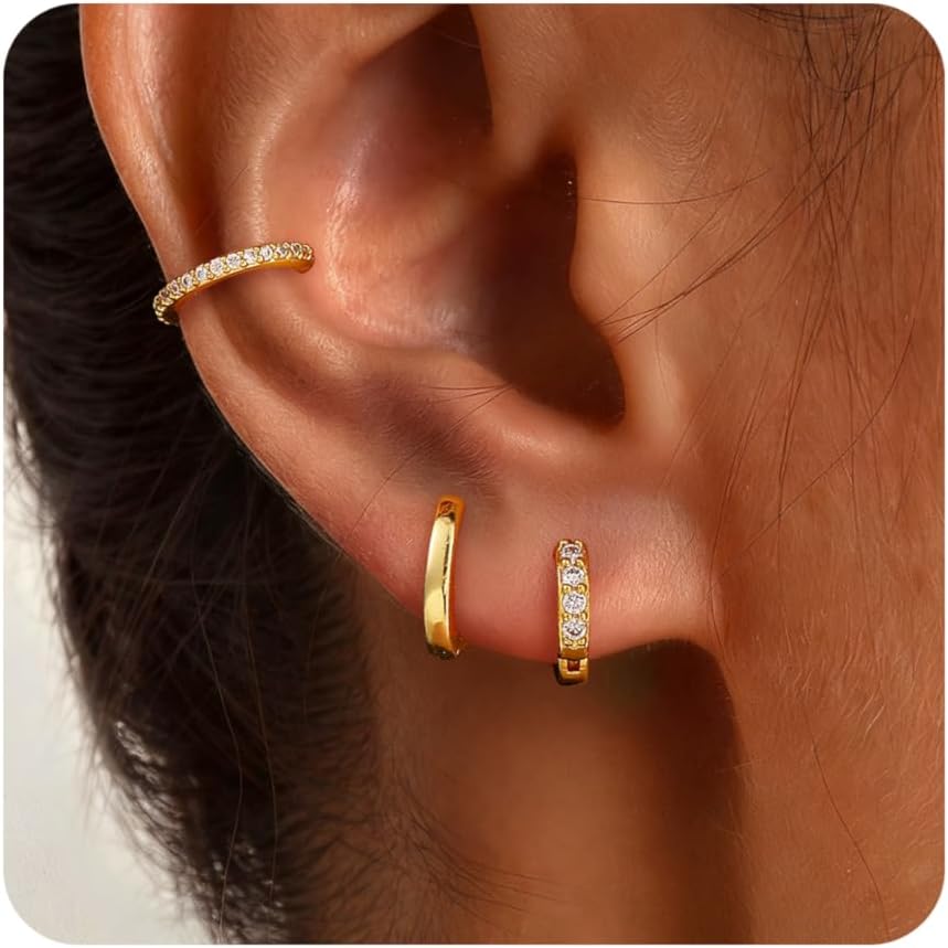 Gold Earrings for Women, 3 Pairs 14K Gold Plated Hoop Earring Sets for Women Small Gold Huggie Earrings Sets for Multiple Piercing, Hypoallergenic Dainty CZ Cartilage Earrings Stacks Trendy Jewelry Gifts