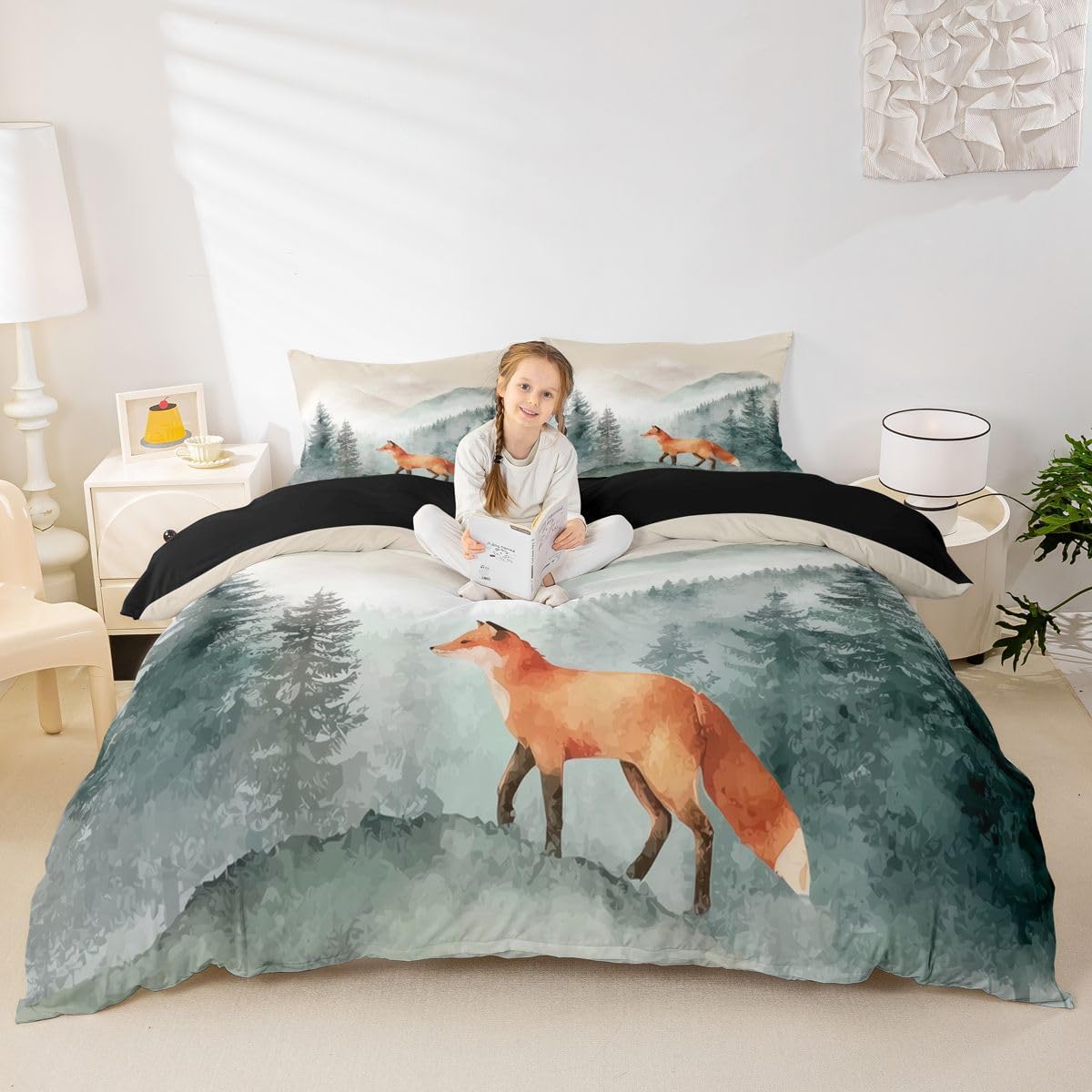 Erosebridal Wild Fox Comforter Cover Queen Hunting Wildlife Animals Bedding Set Green Misty Forest Duvet Cover for Kids Girls Boys Adults Vintage Western Mountain Pine Tree Bed Set