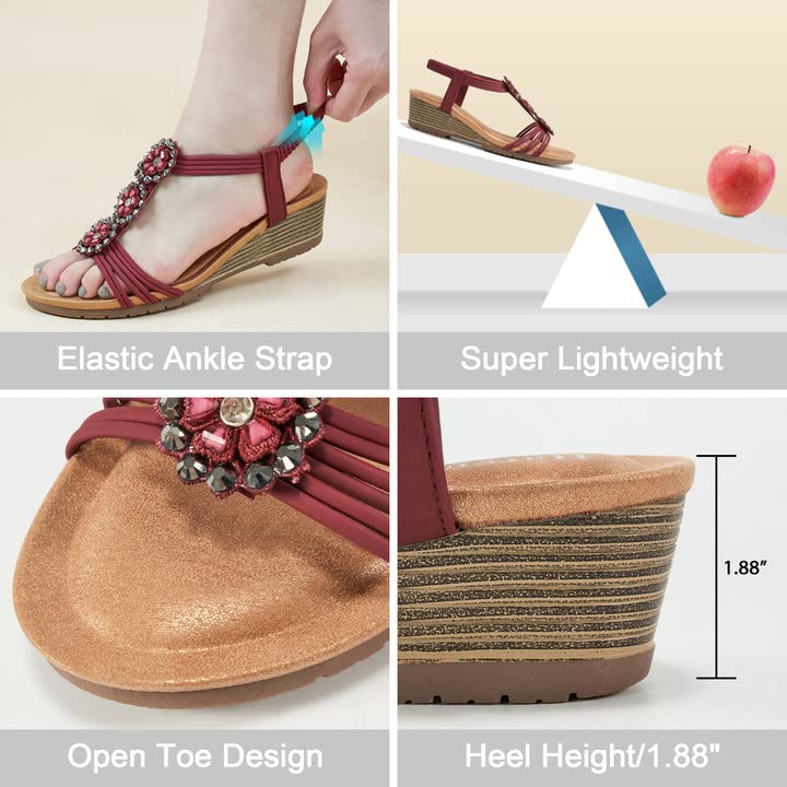 Image of HARENCE Wedge Sandals for Women Dressy: Comfortable Elastic Ankle Strap Low Heel Open Toe Flower Summer Shoes