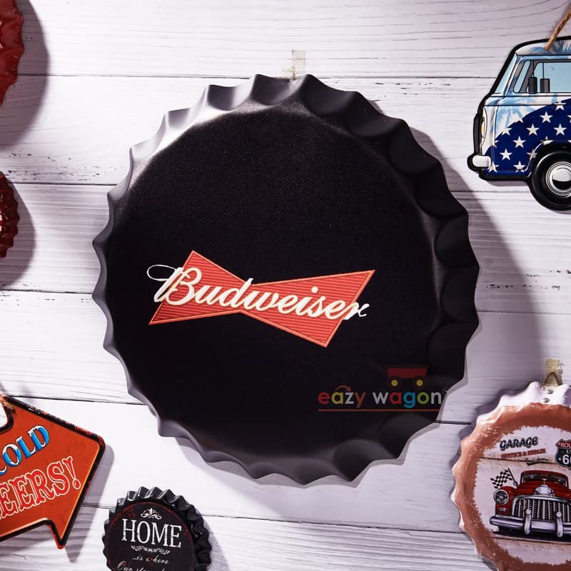 Image of EAZYWAGON Decorative Metal Bottle Caps Wall Sign Plates - 14X14 Inches - Beer Brand Sign Bud black | Metal Wall Hanging Bottle Cap for Home, Farmhouse, Bar & Cafe | Vintage & Retro Look Plaques