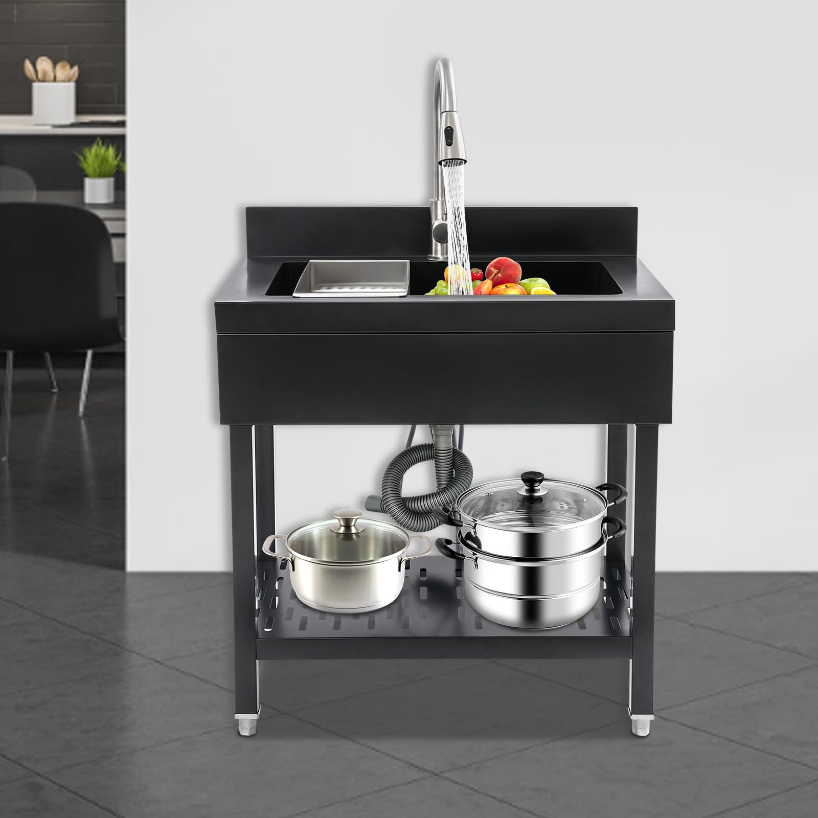 Évier de cuisine sur pied avec robinet extensible, évier en acier inoxydable, évier extérieur, lavabo de jardin, pieds réglables, jusqu'à 150 kg, 70 x 50 x 90 cm, noir