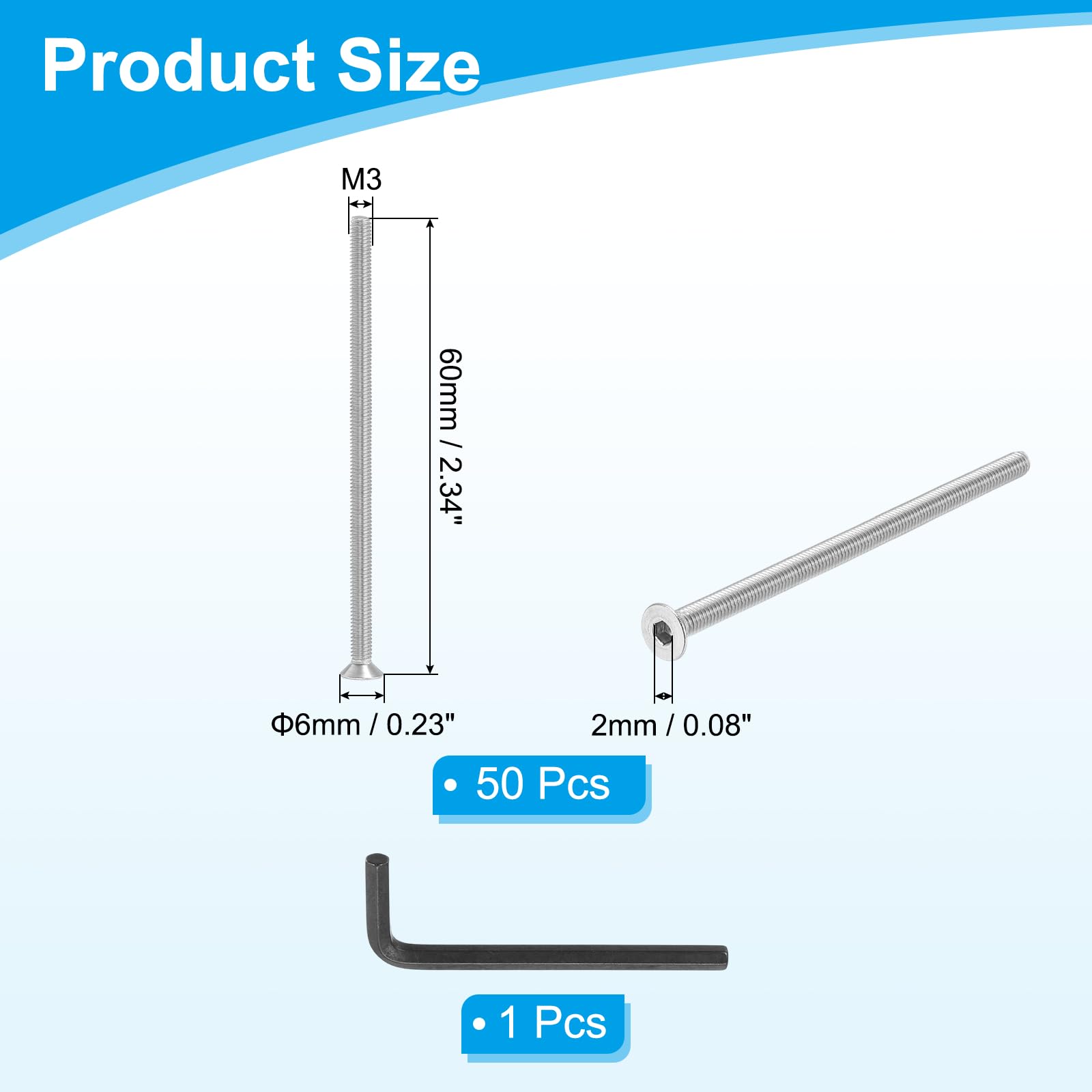 PATIKIL M3 x 60 mm Flat Head Socket Cap Screws - Image 2