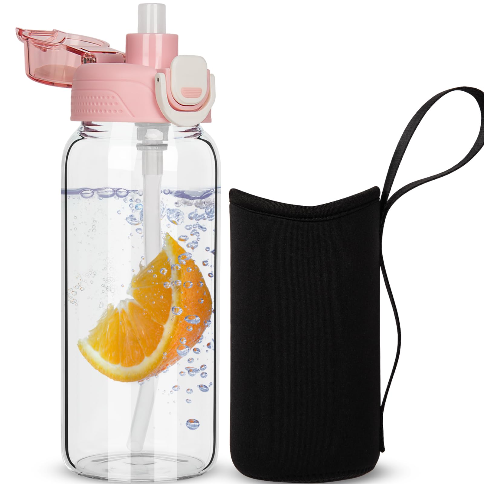 DEARRAY 600ml Glass Water Bottle with Straw & Neoprene Sleeve 0.6l BPA free Glass Drinking Bottle Leakproof
