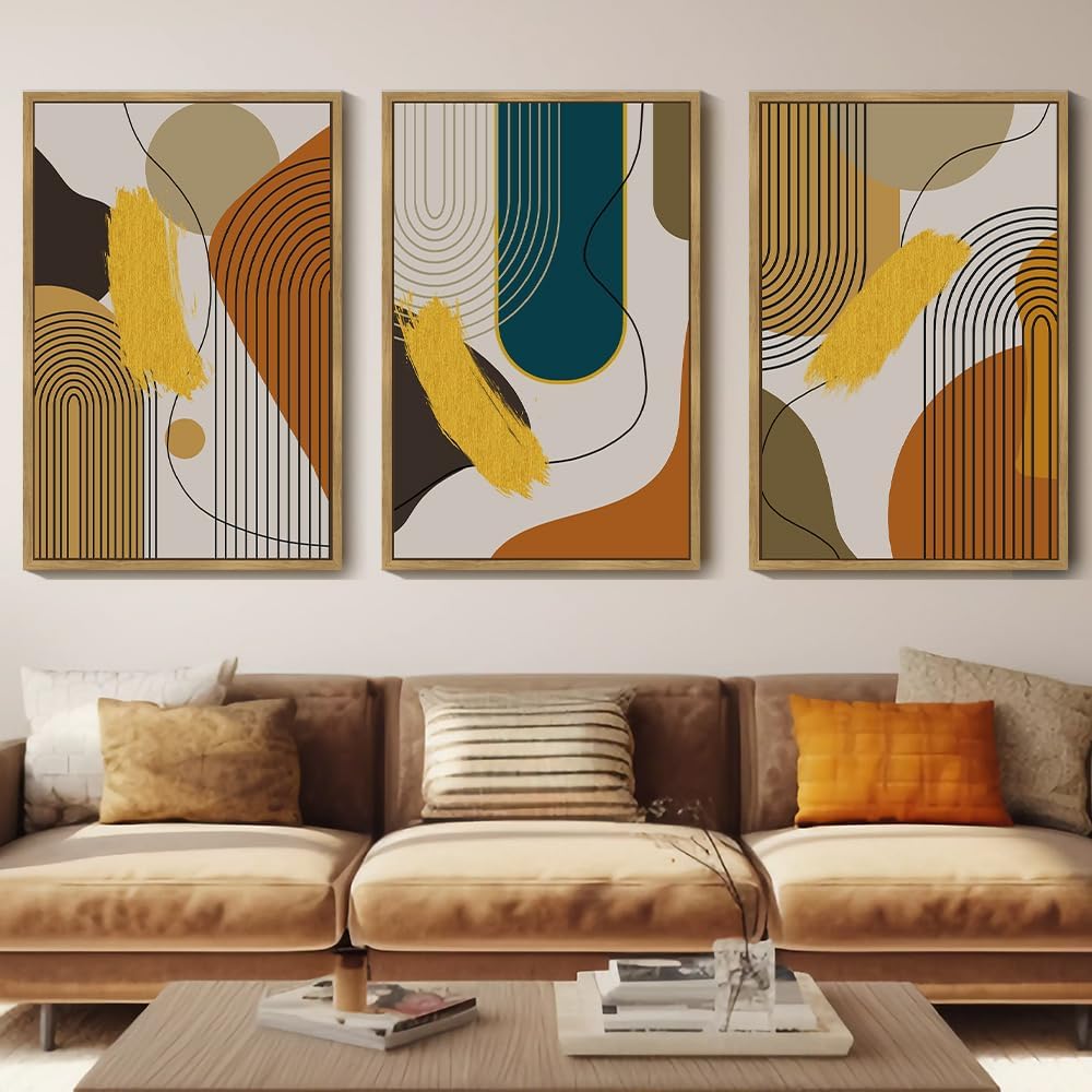 PHOPAGO 24x36in Large Boho Abstract Framed Wall Art Modern Minimalist Luxury Gold Line Artwork Kitchen Dining Room Decor Natural Framed