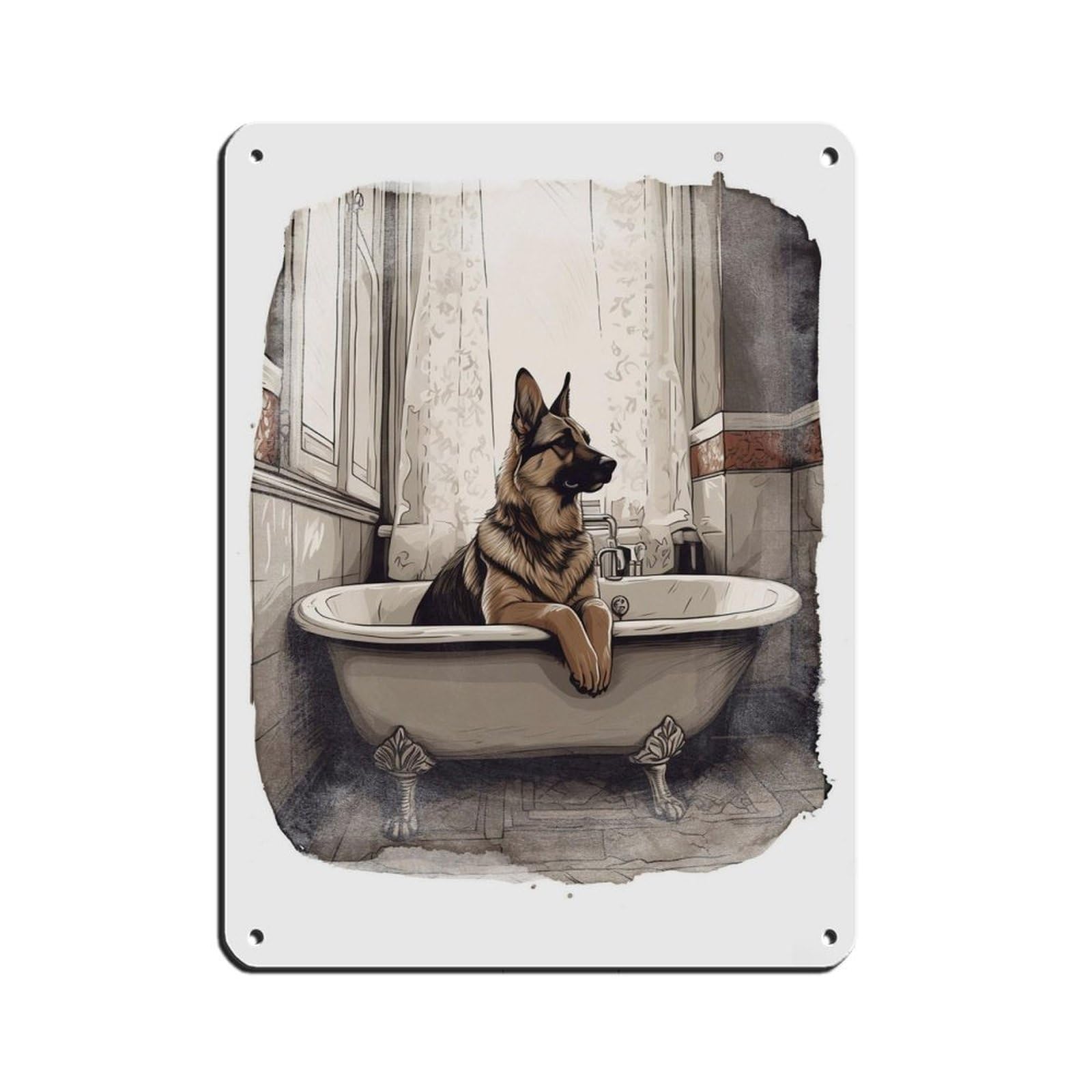 German Shepherd in Bath, Bathroom Art Retro Poster Metal Tin Sign Chic Art Retro Iron Painting Bar People Cave Cafe Family Garage Poster Wall Decoration 12x16inch(30x40cm)