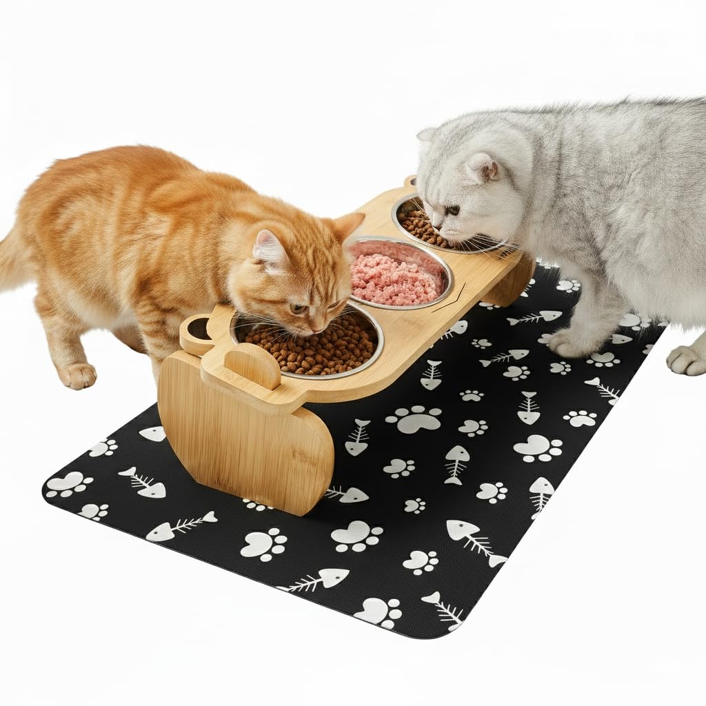 Tilted Elevated Cat Bowls with Food Mat: Removable Stainless Steel Pet Dishes with Bamboo Raised Stand for Cats and Small Dog | Anti Vomiting Whisker