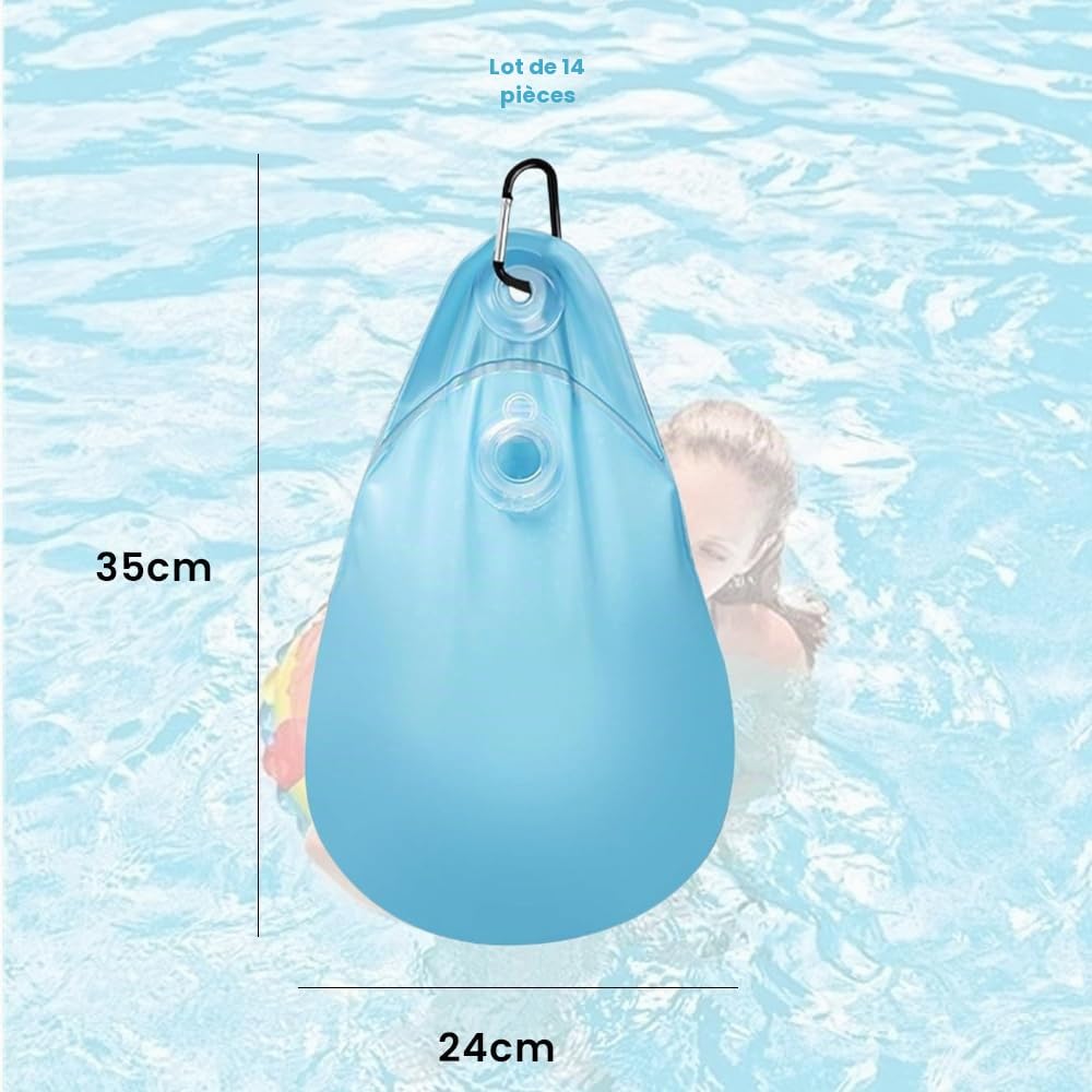 Lot de 14 sacs eau pour piscine, sacs suspendus, poids de bâche d'hiver (35 x 24 cm, bleu)