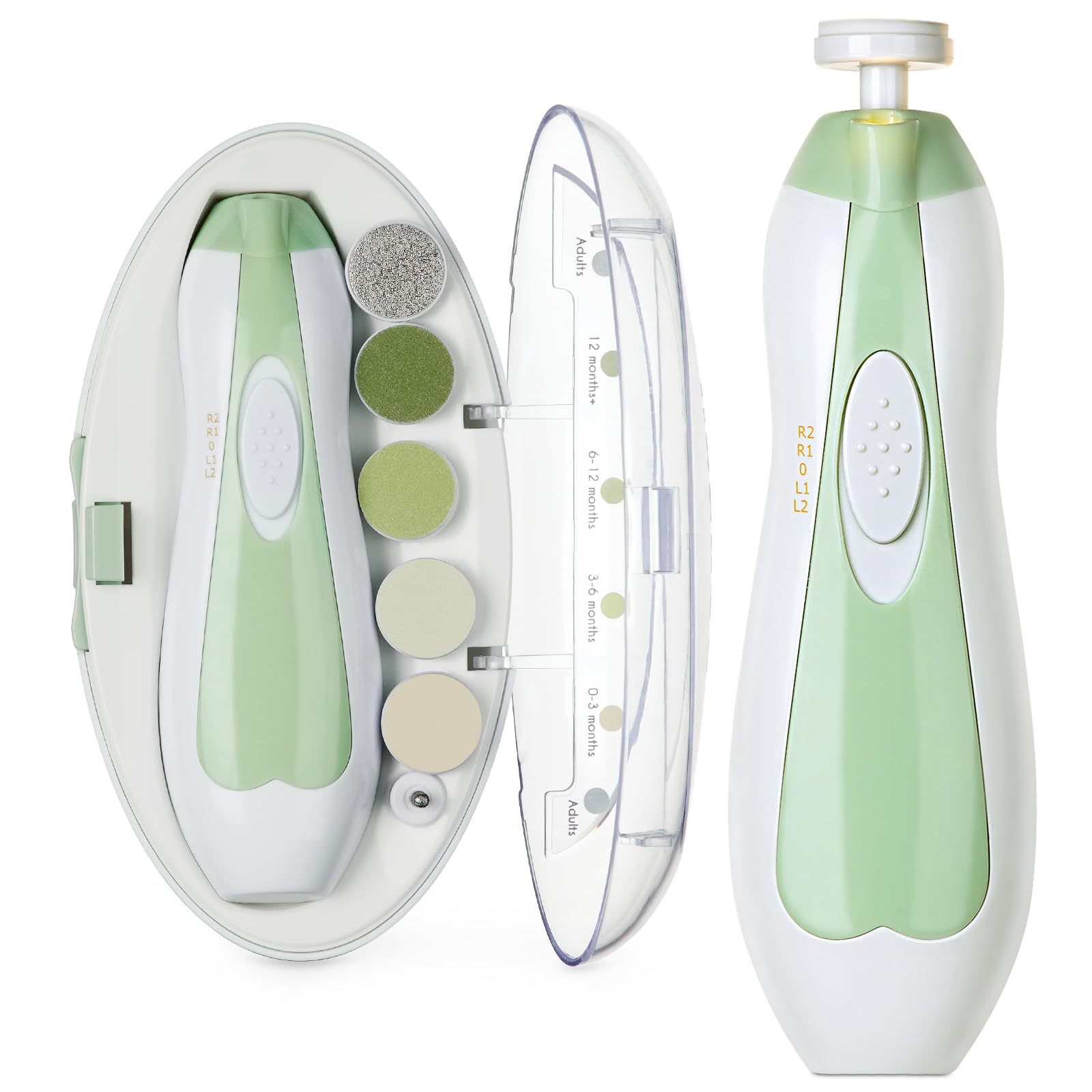 haakaa Cortaúñas eléctrico seguro para bebé, kit de lima de uñas para bebé, kit de aseo para recién nacidos o adultos, 6 cabezales de molienda y luz LED, prado