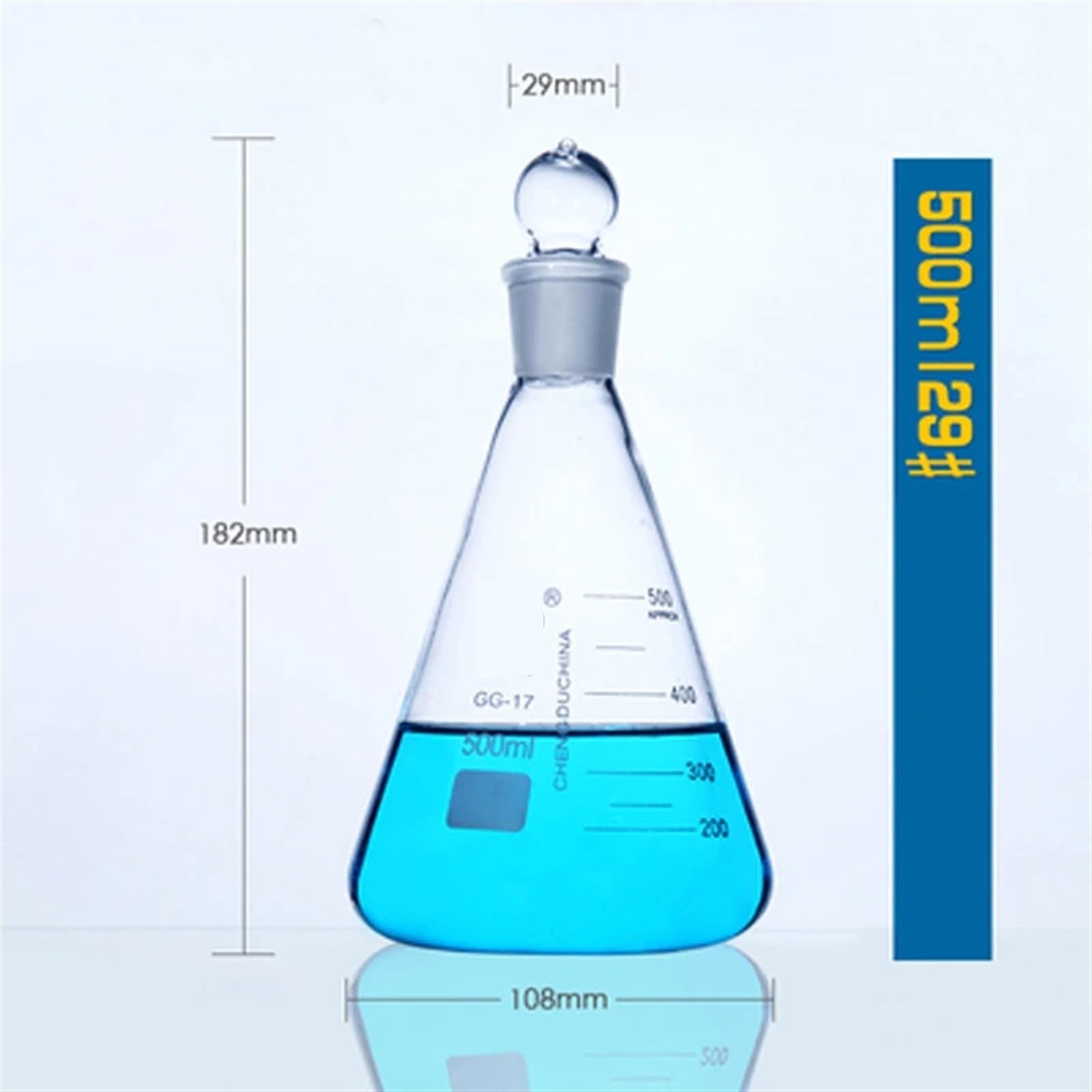 Borokrzemianowa kolba Erlenmeyera z podziałką, Szklana trójkątna kolba ze standardową chemią laboratoryjną Kolba stożkowa Zagęszczone szkło borokrzemianowe o wysokiej temperaturze(500ml caliber 29)